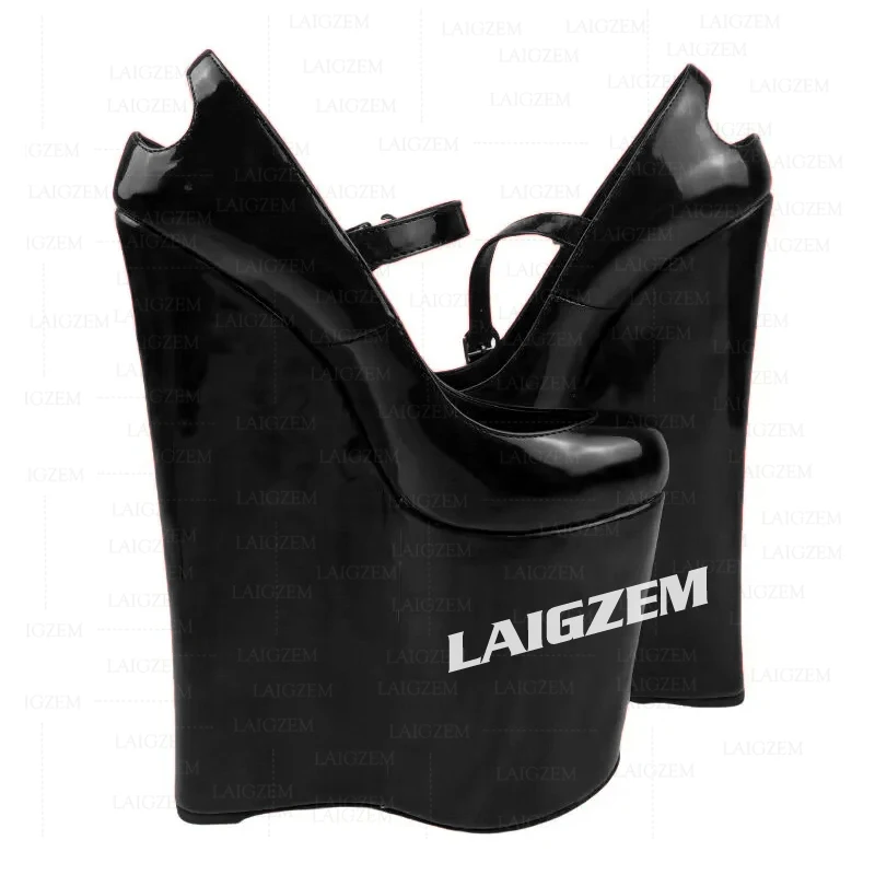 DOHBANER Women Sandals 15CM Platform Wedges 25CM High Heels Pumps Round Toe Shiny Height Increase Shoes Woman Big Size 43 45 48