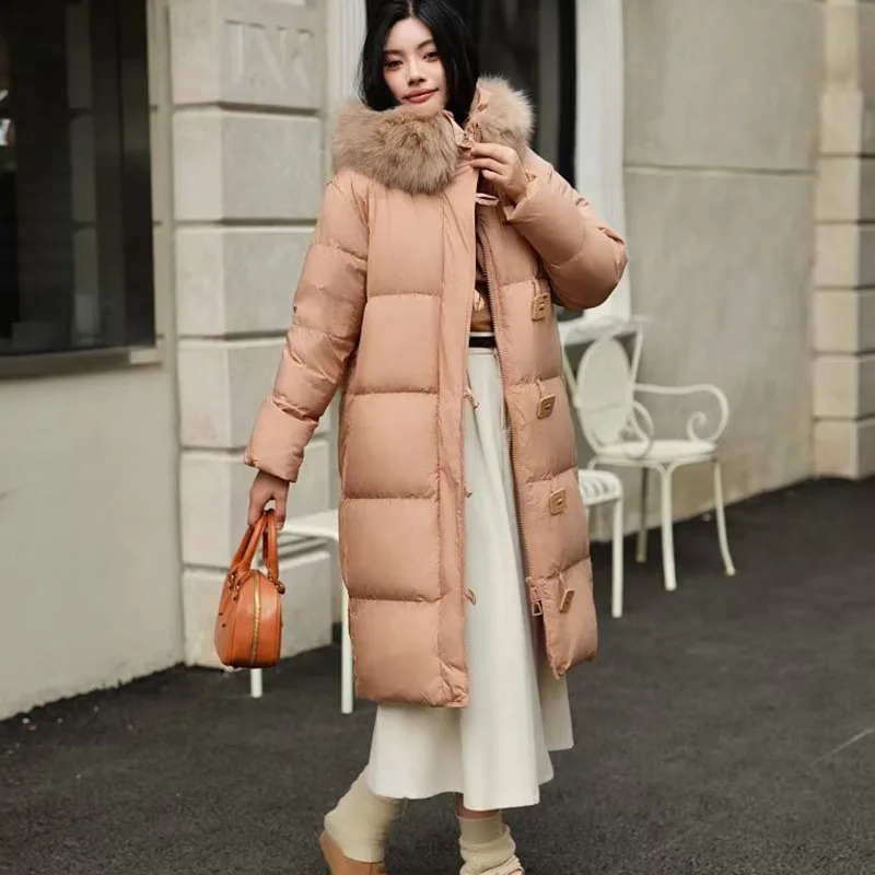 

2024 Winter Fox Big Fur Collar Down Jacket Women High Quality White Duck Down Warm Hooded Women's Down Jacket Thickening Top H92