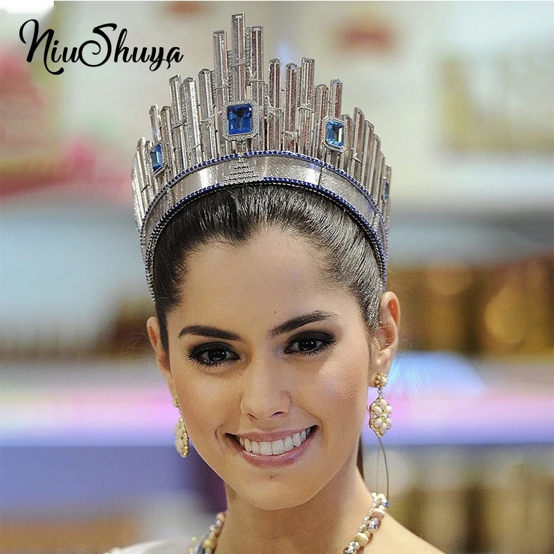 

NiuShuya New Miss Universe Hair Crown Pageant Blue Geometric Big Round Tiaras Headpiece Accessories