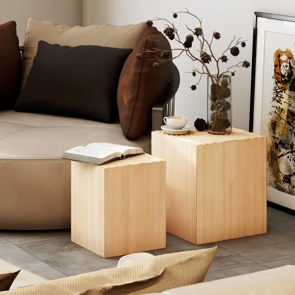 شحن مجاني - مجموعة طاولة نهاية جذع الشجرة مكونة من 2، تخطيط تصفيف متعدد مع نمط حلقة شجرة الخشب، لون الخشب الطبيعي - تخفيضات كبيرة #5