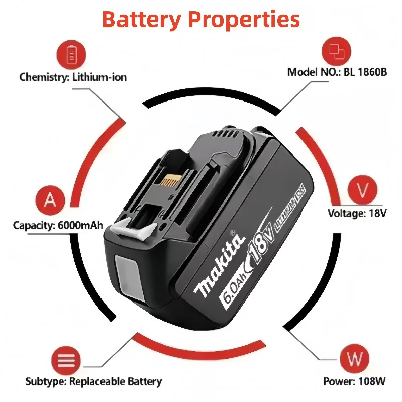100% Original Makita Battery, 18V Tools Lithium Battery 6Ah for Makita DTW700 DDF487 DTD173 DGA404 HR140D DJV182 - view 4