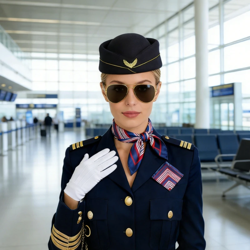 ชุดเครื่องแต่งกายแอร์โฮสเตสสไตล์วินเทจสุดหรู - ชุดแต่งกายสายการบินสุดคลาสสิกพร้อมหมวก ผ้าพันคอ แว่นกันแดด และถุงมือ