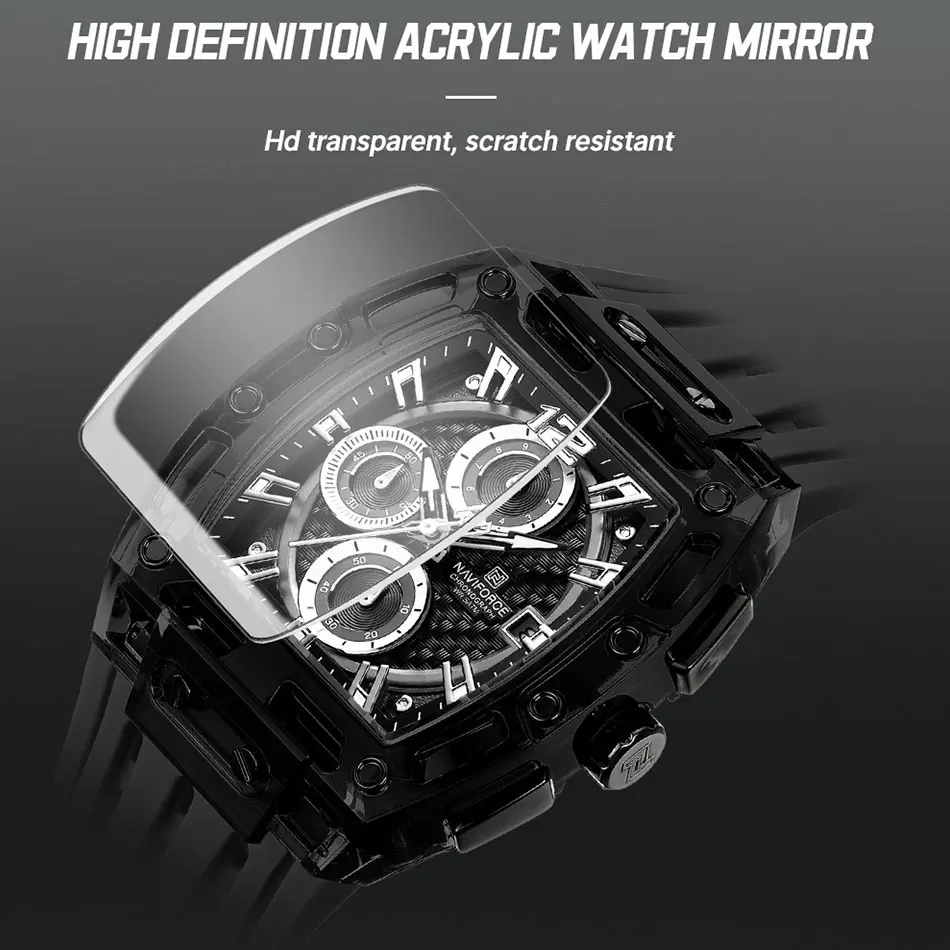 NAVIFORCE Sports Rectangular Watches Large Dial Casual Luminous Quartz Watch Silicone Bands Military Wristwatches with Auto Date