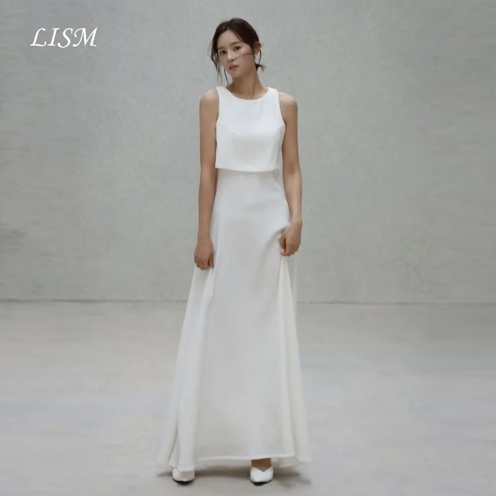 LISM O-Neck A-Line Simple Korea Wedding Dresses Customized Silk Satin Long Elegant Bridal Gowns Marriage 결혼식 드레 Photo Shoot