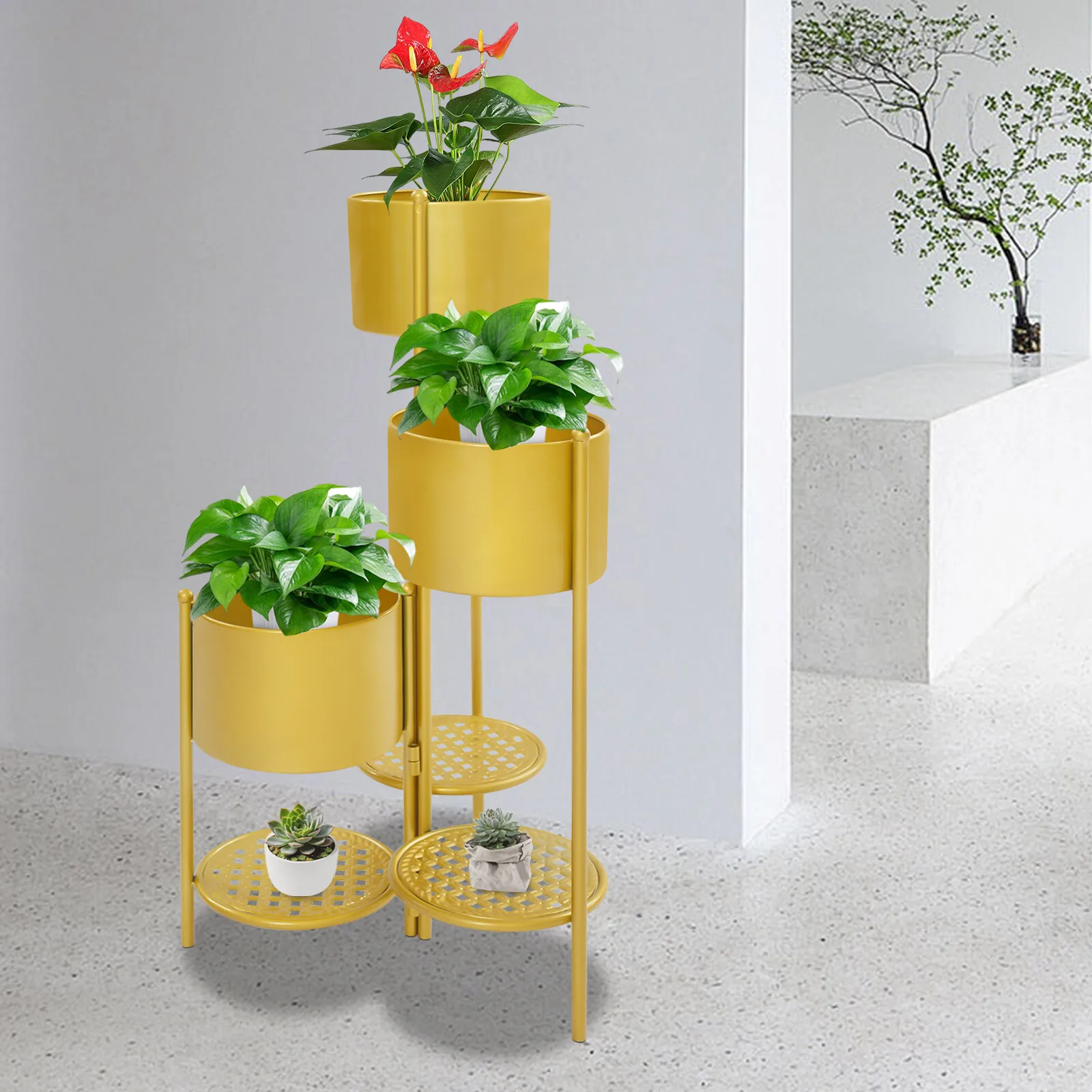 

Golden Corner Plant Stand for Indoor Plants, Tall Iron Flower Pot Holder Ladder Style, 40x79.5cm - Sturdy Metal Planter Shelf