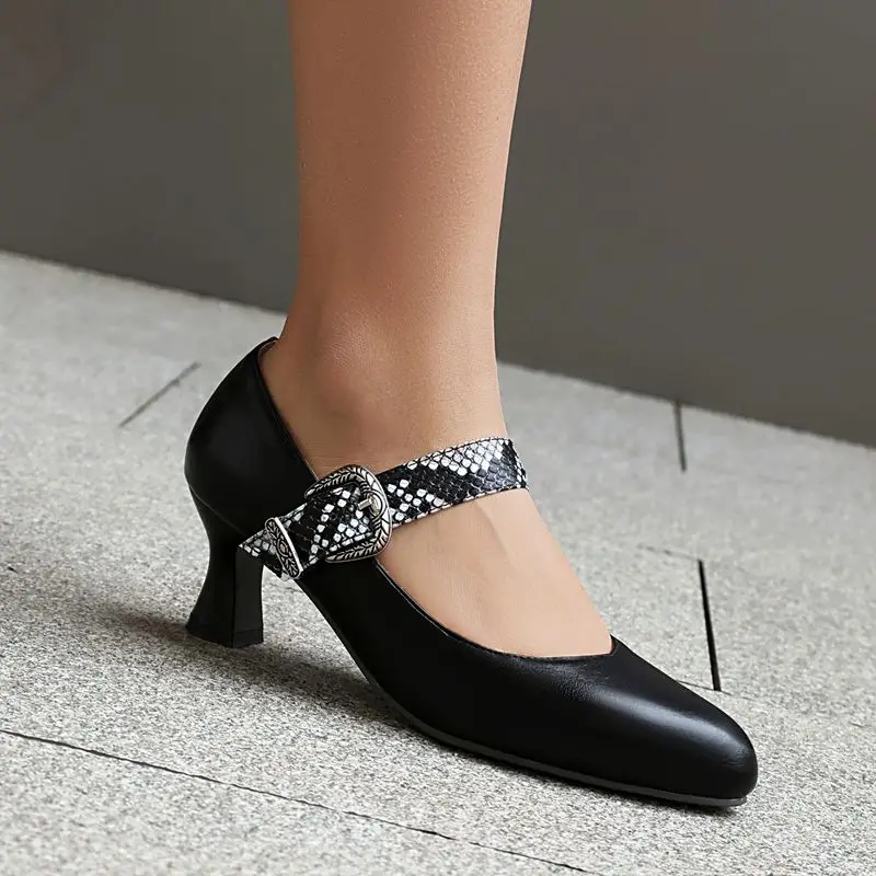 

SIMLOVEYO Brand Female Pumps Pointed Toe Strange Heels 5.3cm Buckle Strap Mixed Color Big Size 46 47 48 Office Lady Dating Shoes