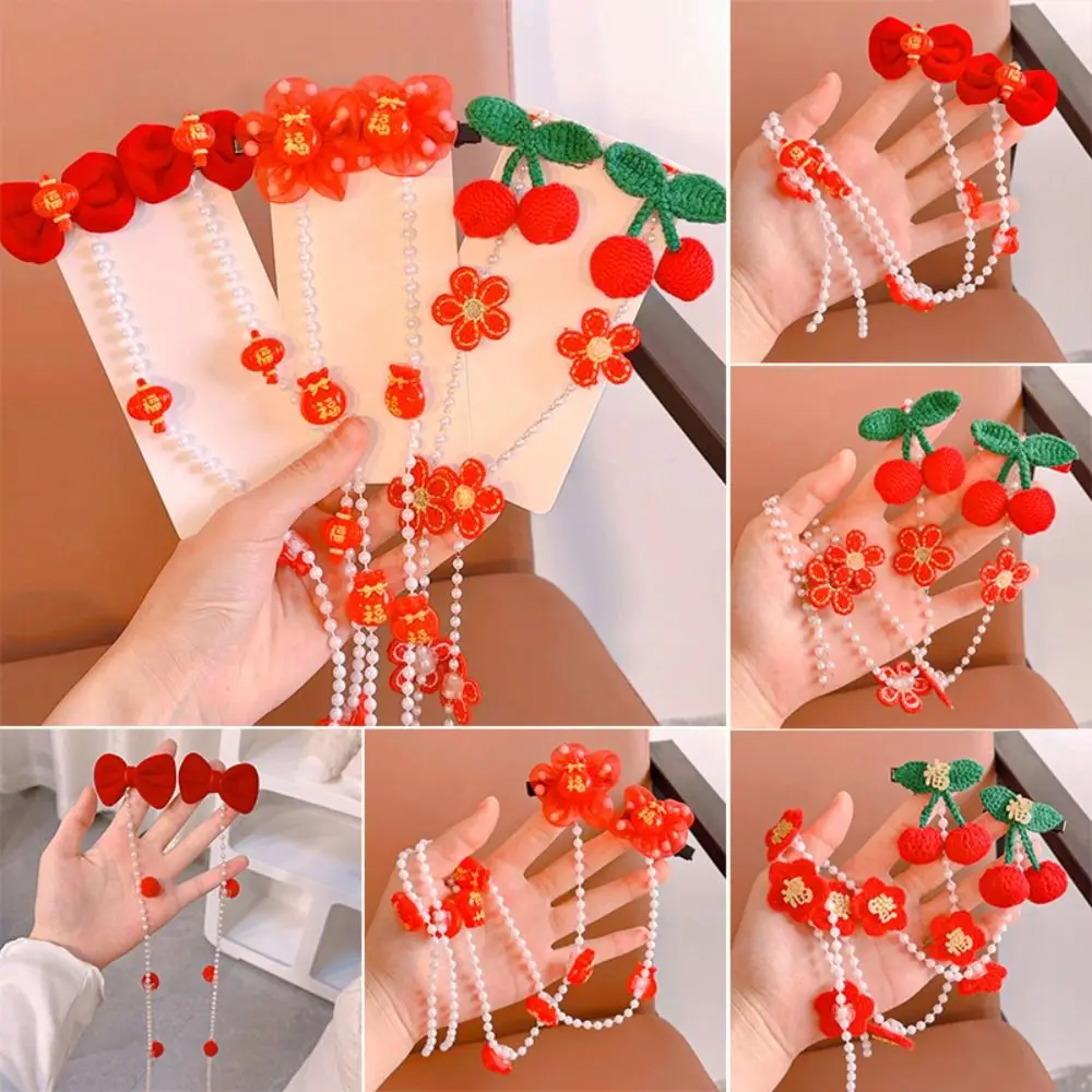 

Sweet Tassel Pearl Braided Hairpin Red Cherry Butterflies Girls Barrettes Hair Clip