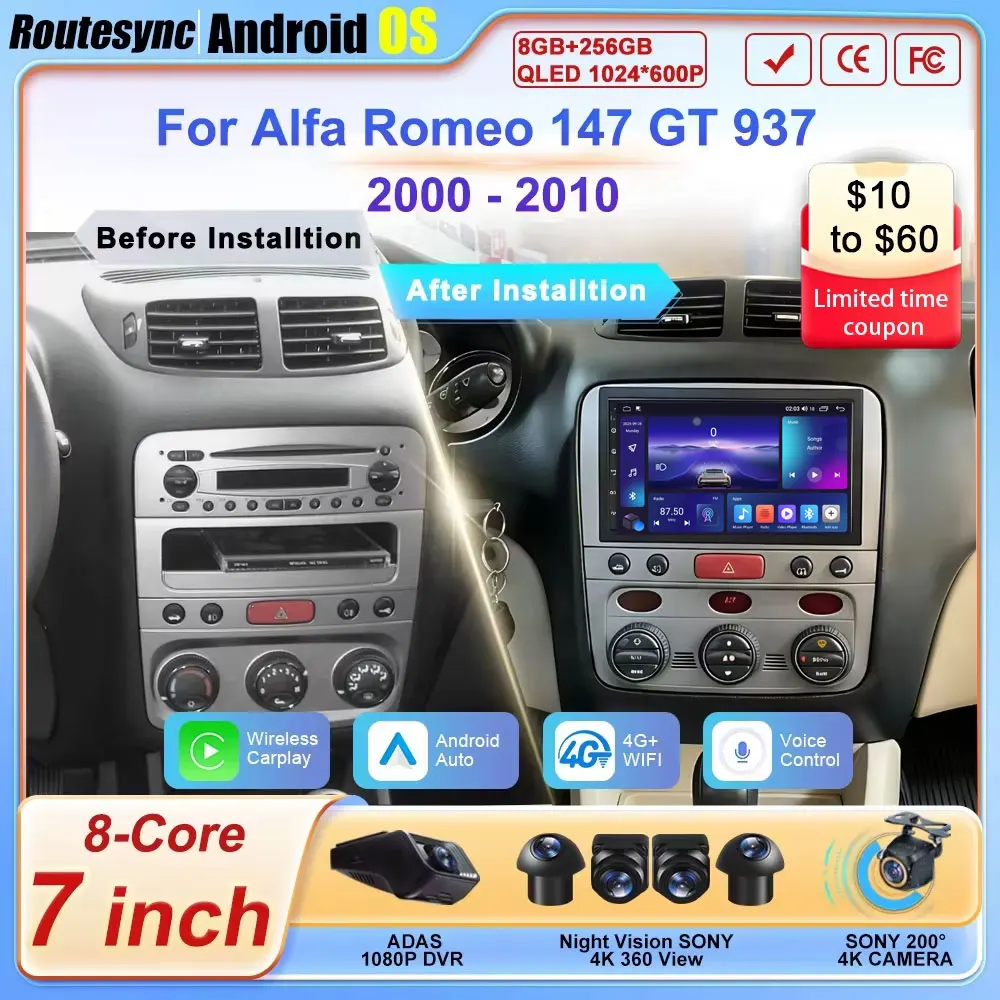 

Автомагнитола 2 DIN Android Auto для Alfa Romeo 147 GT 937 2000-2010 с CarPlay, экраном, GPS-навигацией и Wi-Fi 5G