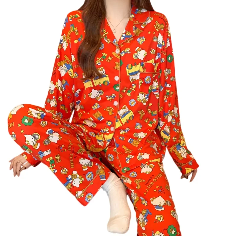 Bonito olá kitty conjunto de pijama vermelho presente de natal manga longa outono loungewear pijamas confortáveis homewear pijamas femininos
