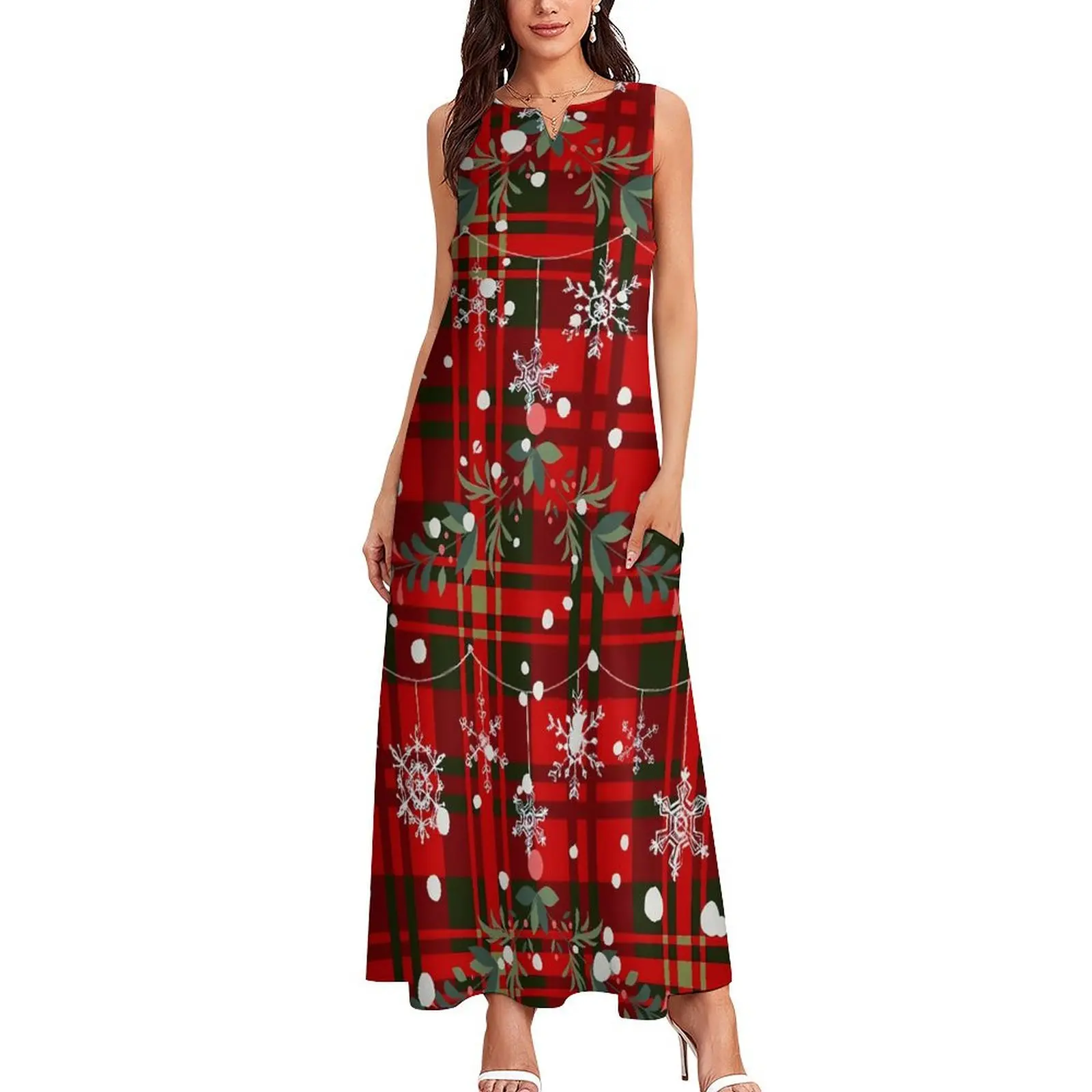 Christmas Snowflake Dress Spring Red Plaid Print Aesthetic Casual Long Dresses Ladies Custom Vintage Maxi Dress Big Size 5XL