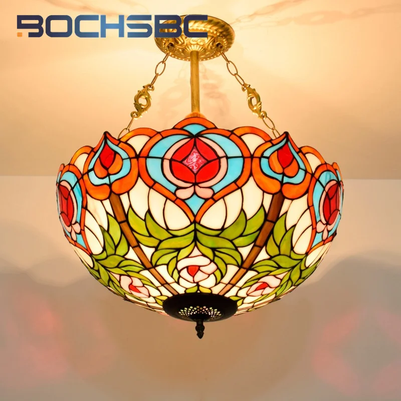 BOCHSBC Tiffany Vintage style Peach chandelier Art Deco Hotel Living Room Dining Room Bedroom study upside-down pendant light