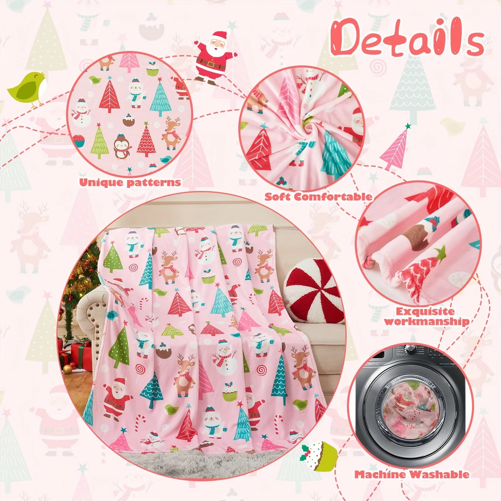 2D Flat Printing, 1pc Playful Christmas Style Blanket, Printed with Santa Claus, Snowman, Reindeer, And Christmas Tree Pattern N