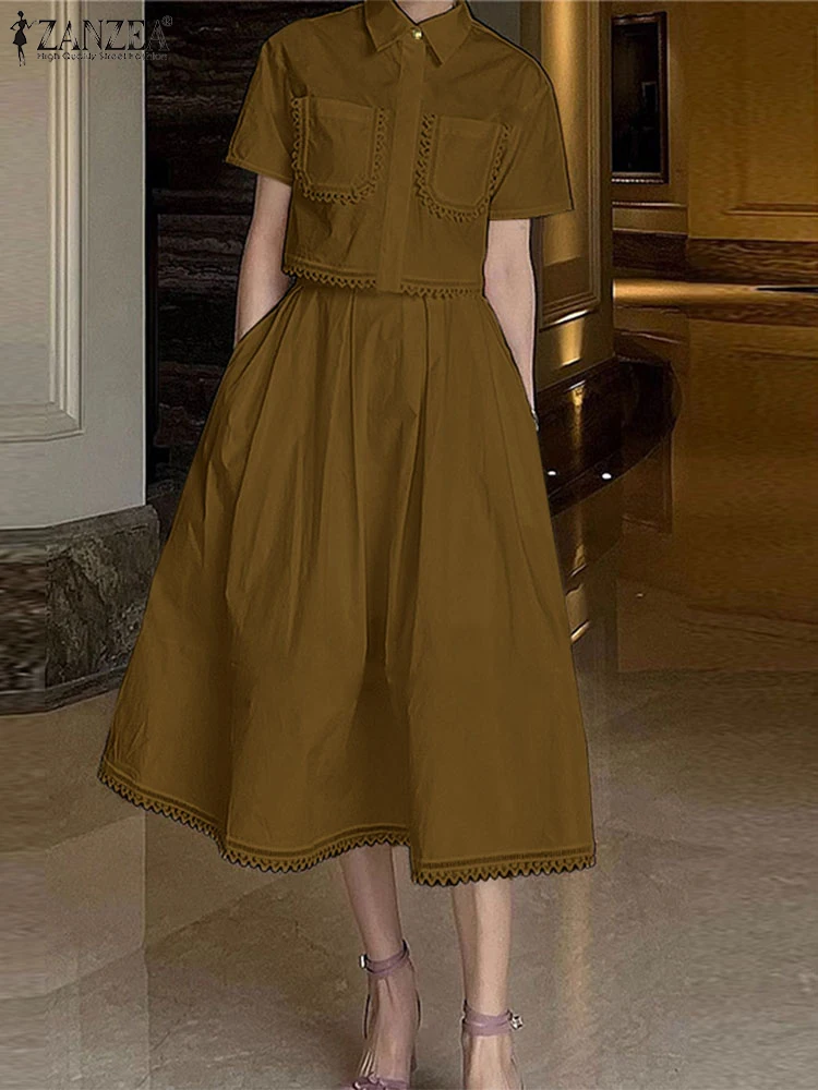 

ZANZEA Casual Commute 2 Piece Sets Lace Trim Short Sleeve Crop Tops Elegant Womens A-line Midi Skirts 2PCS Outfits Skirt Sets