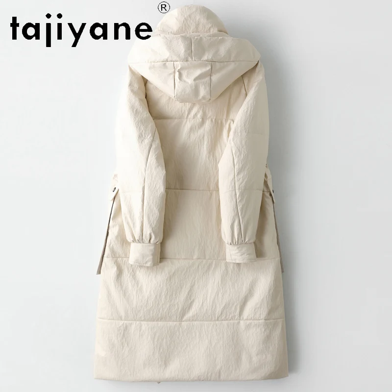 TAJIYANE 100% pelle di pecora piumino d'oca bianca donna bianca lunga piumino in vera pelle con cappuccio 2025 abiti invernali ·хоiyahaк