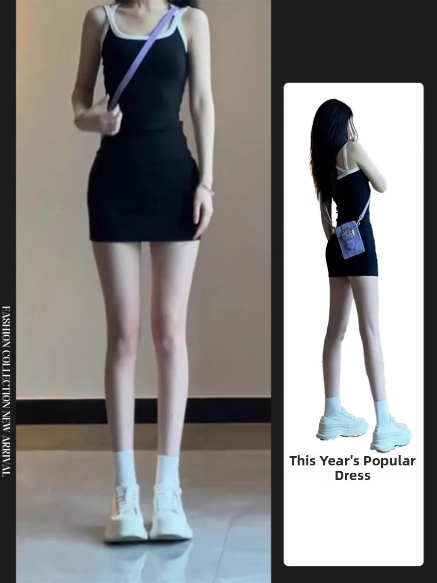 

Черное трикотажное платье-халат Slim Fit для женщин, летнее, сексуальное, на бретельках, с завышенной талией, круглым вырезом, без рукавов, короткое, А-силуэт
