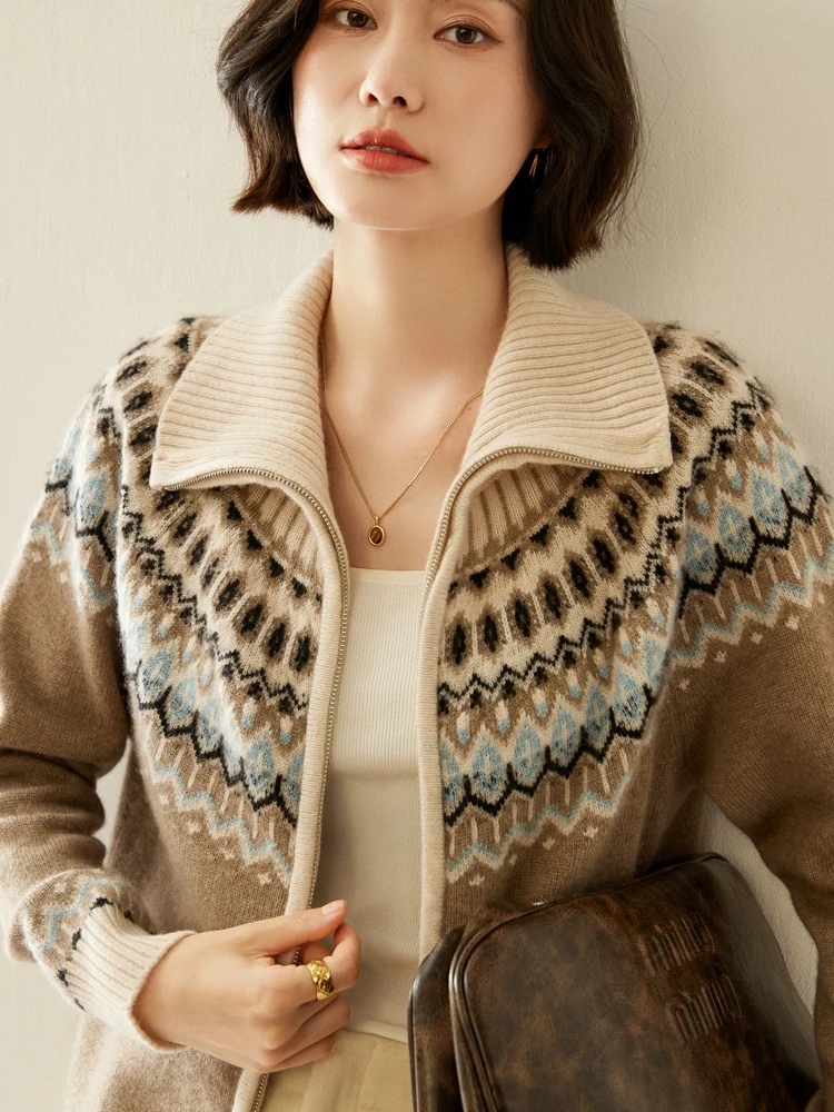 TLOML Damski Sweter Kaszmirowy Vintage Faire Isle Rozpinany na Zamek Jesień Zima 100% Kaszmir Dzianina Gruba Ciepła Wysoka Jakość