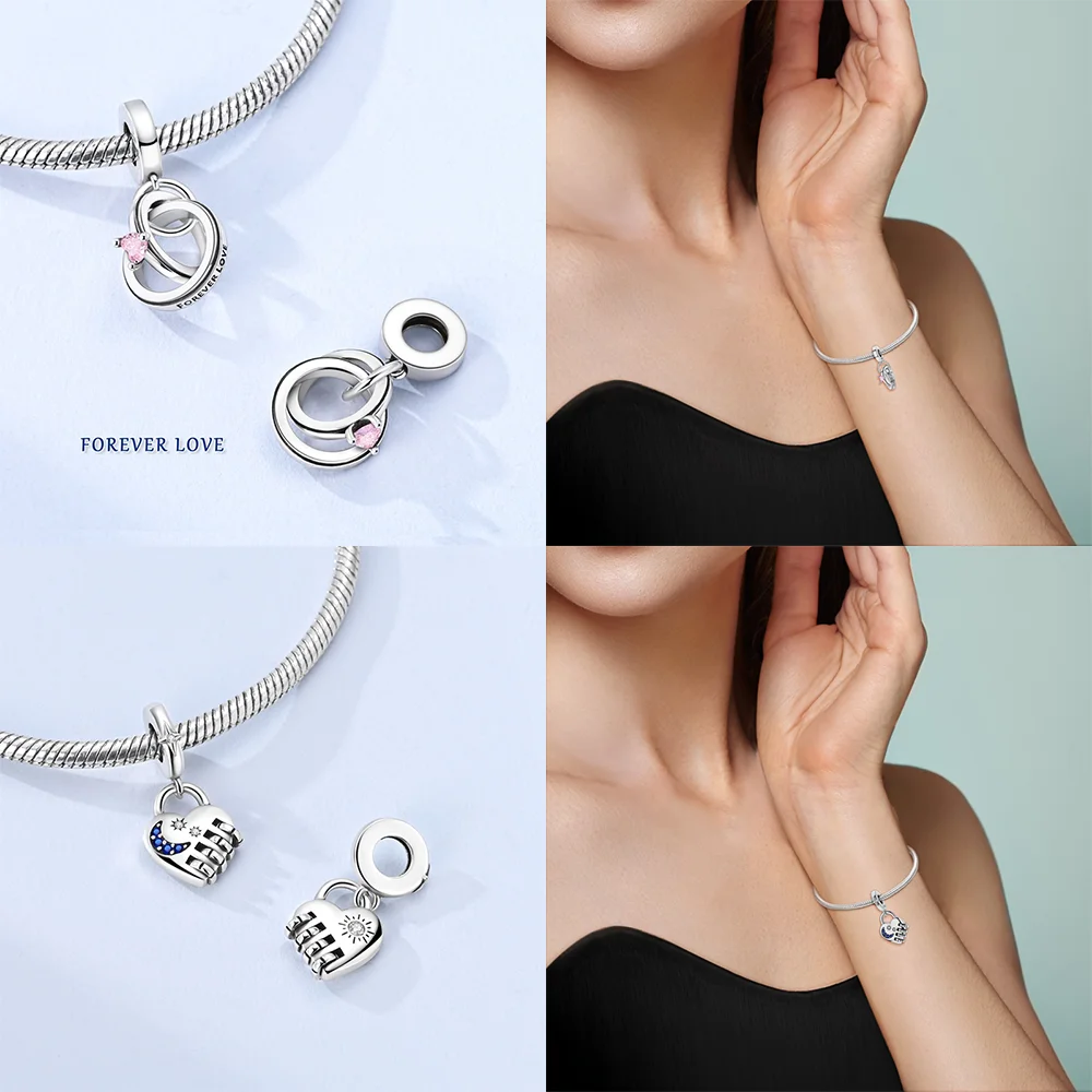 Original Charms 925 Silver Shiny Zircon Parent-child Hug Beads Love Lock Pendant Fit Bracelet Pendnat DIY for Woman Jewelry