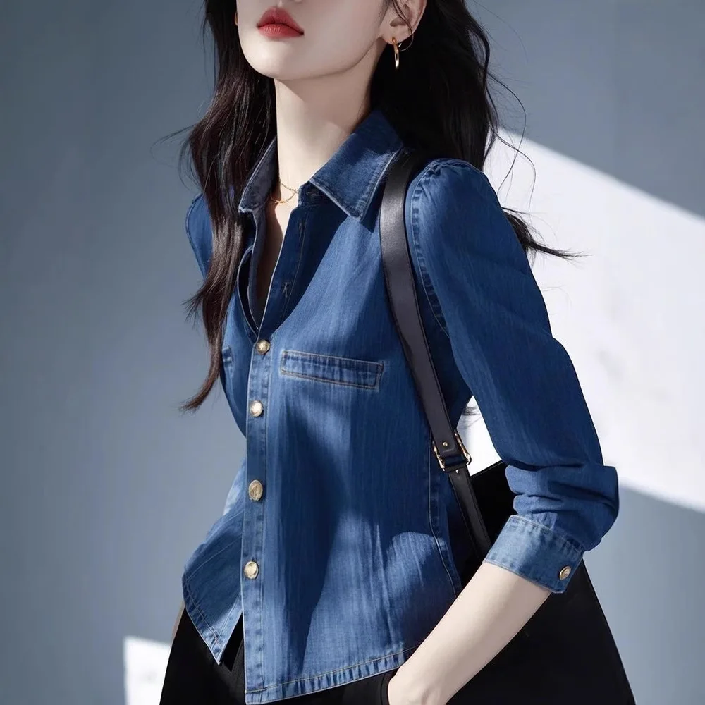 

Blue Loose Long Sve irt Jaet Women's Korean Sle Autumn New Arrival Slimming Top Quali Regular Denim Fabric