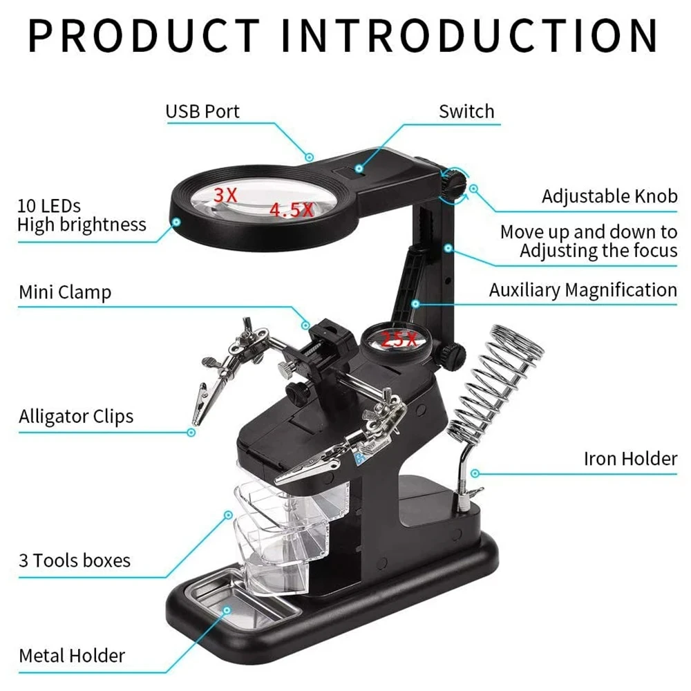 Welding Magnifying Glass 3X/4.5X/25X Illuminated Magnifier LED Light Auxiliary Clip Third Hand Soldering Iron Stand Repair Tool