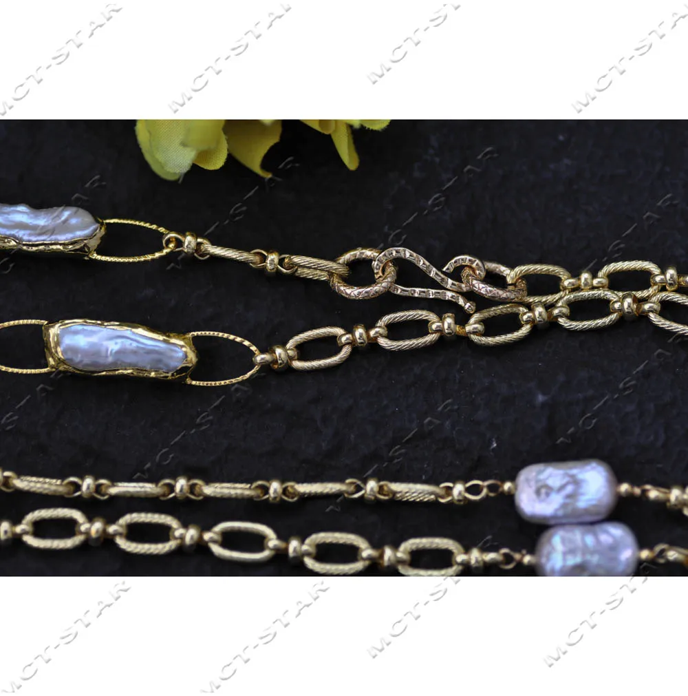 Z14022 60'' 27mm Natural Square Coin Golden White Freshwater Biwa Pearl Chain Necklace Custom Jewelry