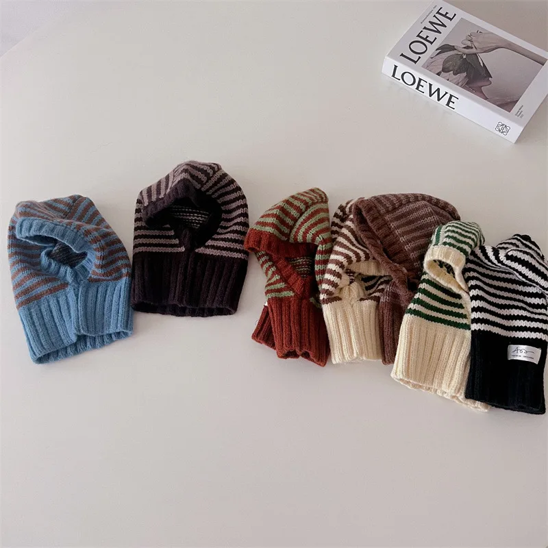 Winter Korean Fashion Children Baby Knit Hooded Scarf Caps Warm Stripe One Piece Hat Kids Accessories