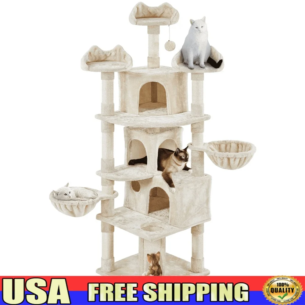 

Large Cat Tree Tower 76.5 Inch with 3 Condos Cozy Perches Scratching Posts Ramp Solid Structure Plush Cover