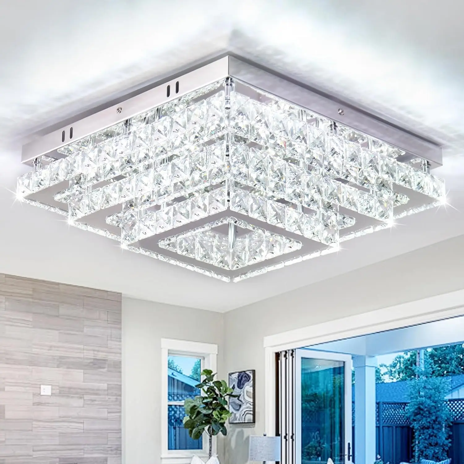 

Square Crystal LED Ceiling Light Fixtures, 15' Modern Chandelier 3-Tiers Flush Mount Ceiling Lamp for Living Room Dining Room (6