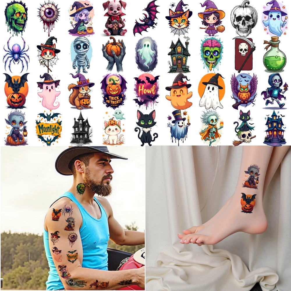 54pcs Temporary Tattoo Ghost Stickers Cartoon Halloween Stickers Waterproof Long-lasting Body Stickers For Men