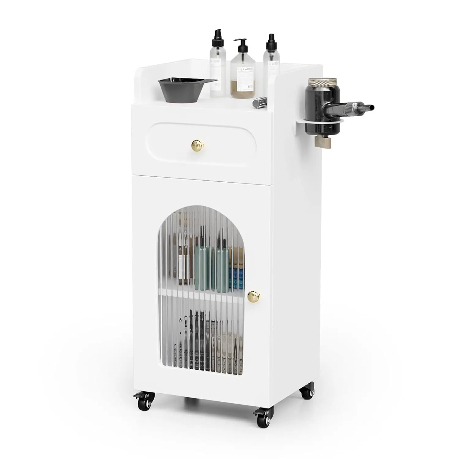 

Salon Cart with Wheels, 3-Tier Rolling Beauty Cart with Glass Door & Dryer Holder, Mobile Hair Styling Station for Barber, Spa,