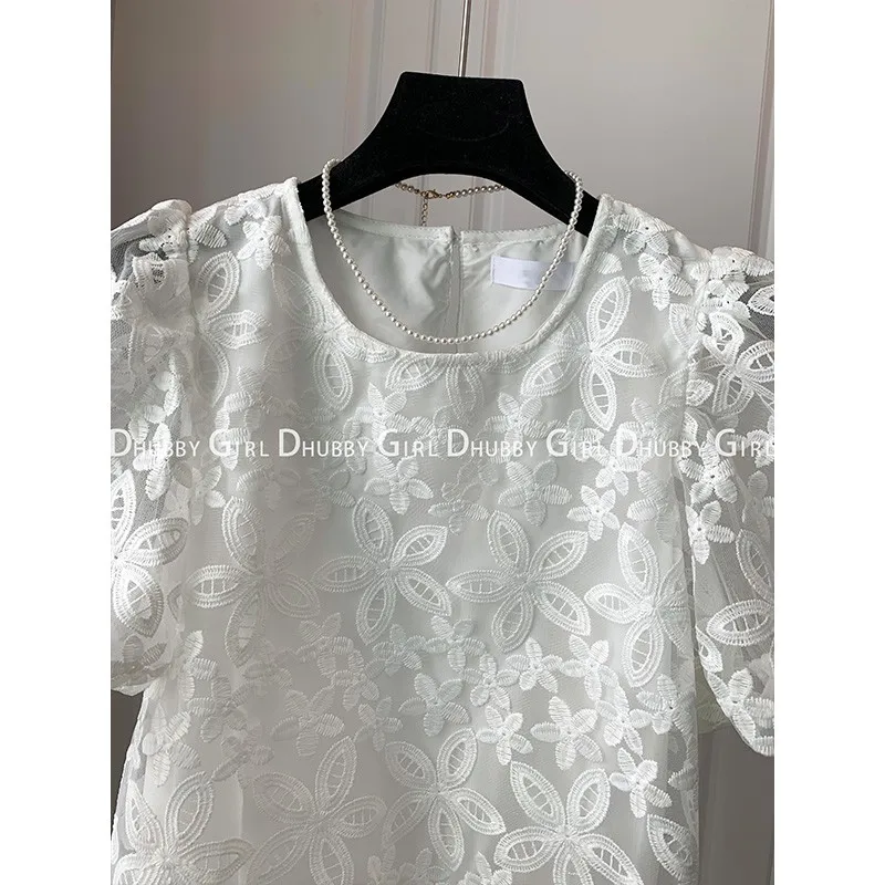 Fairy Hook Flower Hollow Out Lace Shirt Korean Sweet Gentle Style Blusa 2023 Summer Puff Sleeve Solid Color O-Neck Blouse