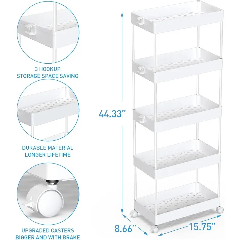 5-Tier Storage Cart Organizer Rolling Utility Cart, Mobile Shelving Unit Slide Out Storage Shelves for Kitchen Living Room