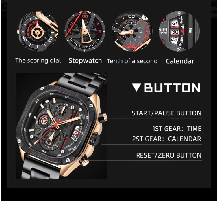 ブラッククォーツウォッチ 防水スクエアダイヤル腕時計 クロノグラフ付き 2026年現在 発光針 自動日付表示 Ai Lang