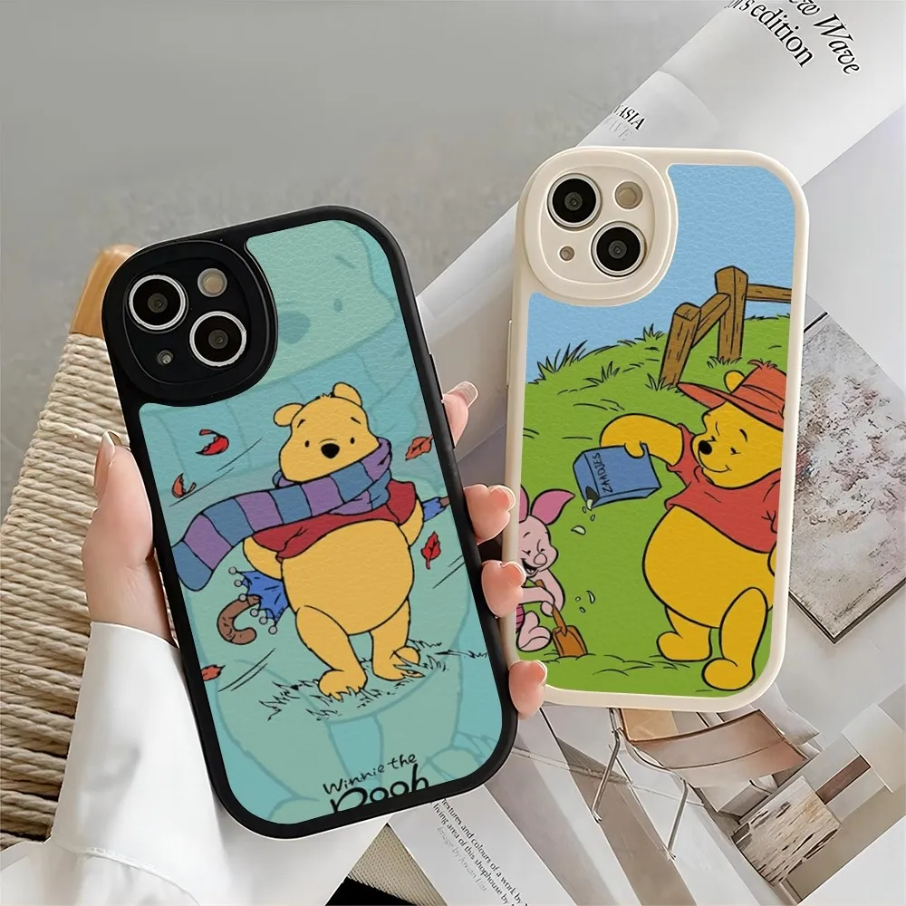 Winnie The Pooh Phone Case Leather For IPhone 15 14 11 13 12 Pro Max Mini X Xr 8 Plus SE2020 Black Soft Silicone Texture Cover