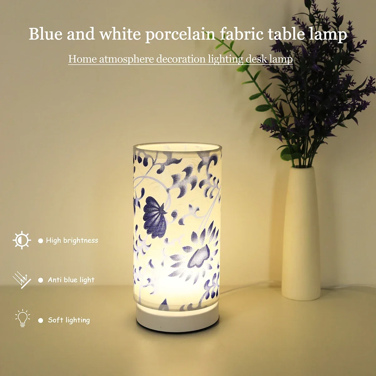 

Modern fabric blue and white porcelain desk lamp, home warm lighting desk lamp suitable for bedrooms, study rooms