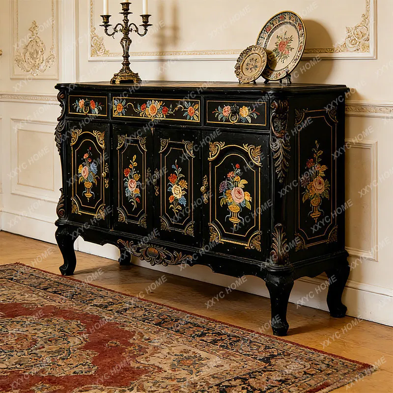 Retro solid wood dining side cabinet, living room storage cabinet, flower painted carved locker, decorative cabinet boutique