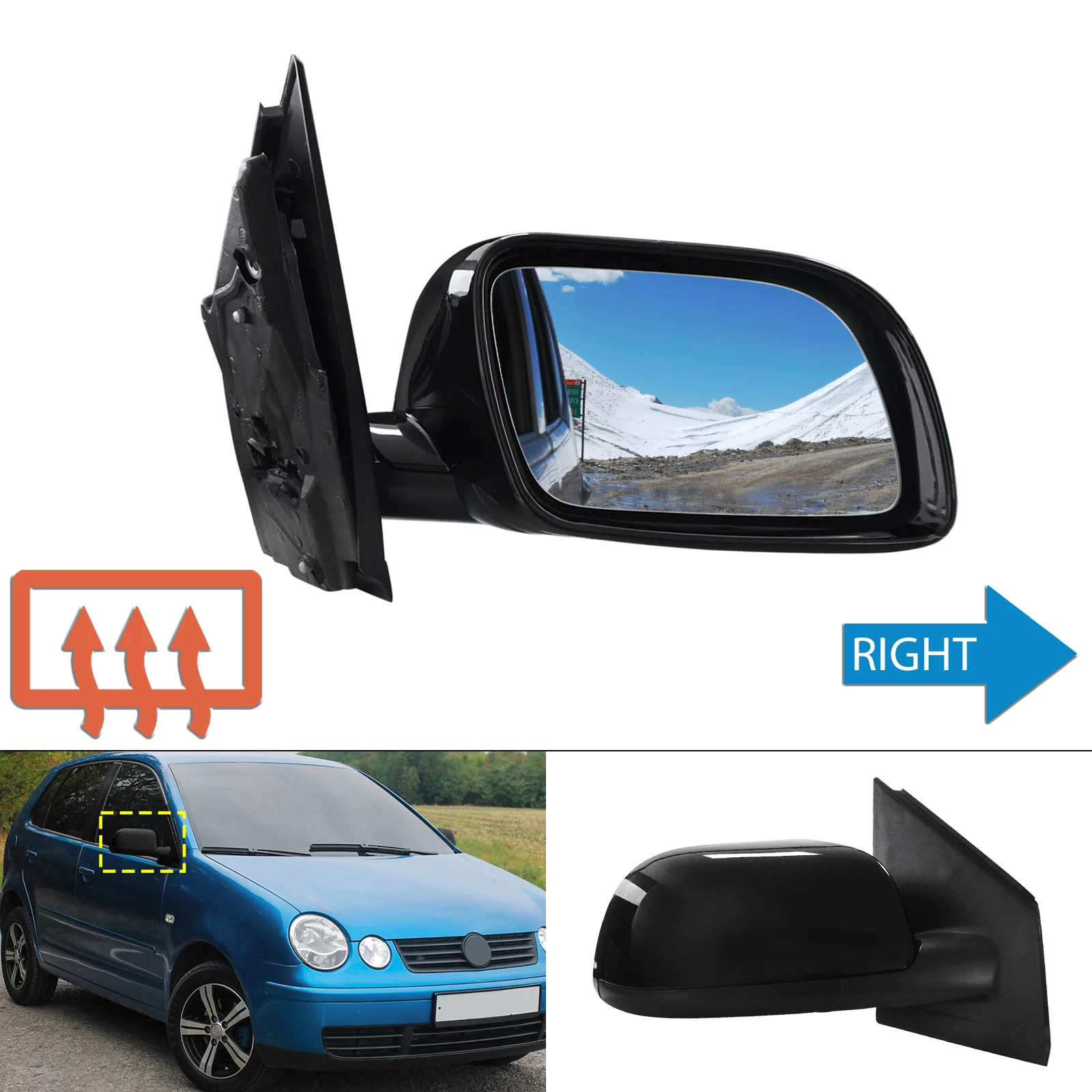 

For VW Polo MK4 9N 02-05 Electric Wing Door Mirror Primed Heated Right Side O/S