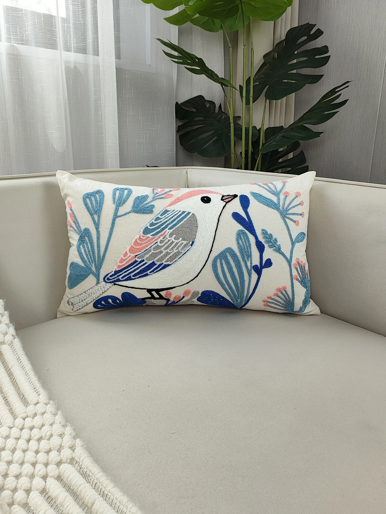 1pc, Cushion Cover Decorative Pillow Case Birds Flora Luxury Embroidery Coussin Home Sofa Decor
