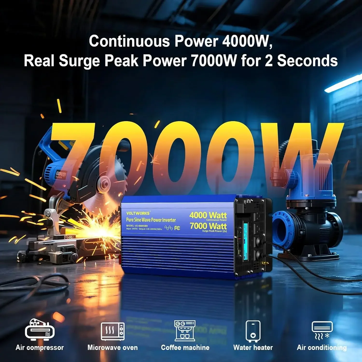 4000W Pure Sine Wave Inverter 24V DC to 110V 120V Power Inverter 7000W Surge Peak Power for 2S, FCC Approved, 4AC Outlets, Fast