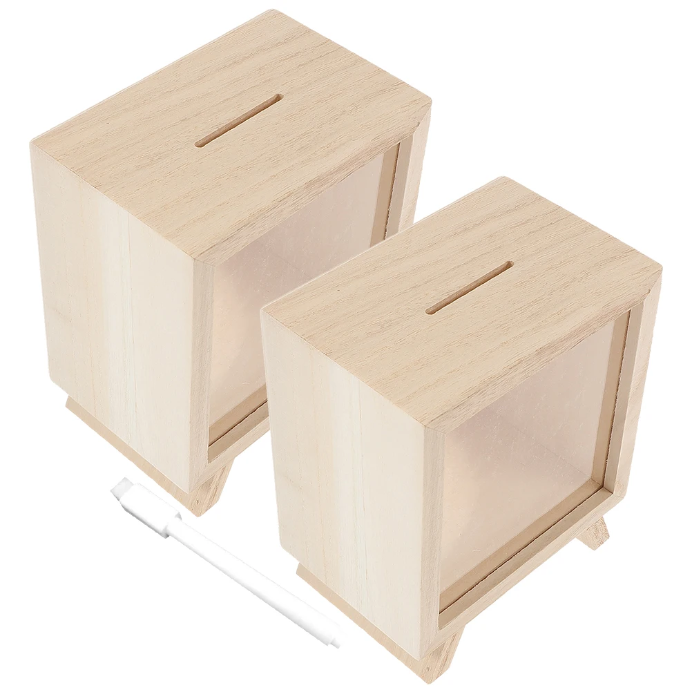 

2pcs Wooden Piggy Bank Portable Money Saving Box Clear Wood Bank Storage Decorative Jar for Kids Room Teaching Savings