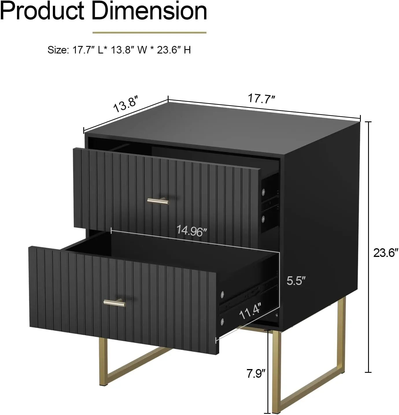 طقم منضدة سوداء مكونة من 2، طاولات بجانب السرير خشبية حديثة مع أدراج ومقابض معدنية #3
