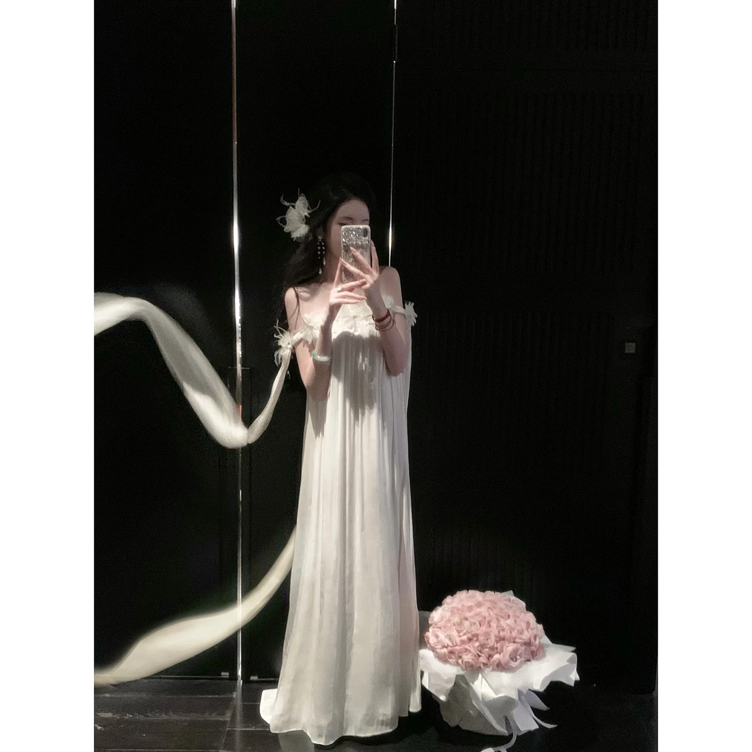Syqiao Summer Long One-Shoulder Dress with Fluorescent Island Silk Floral Embroidery Elegant Casual Women's Dress