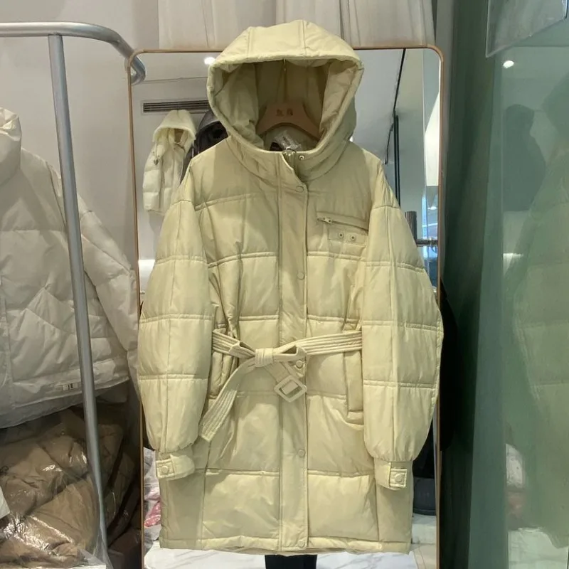 Medium Long Belt Waist Upper Chest Horizontal Pocket Zipper Winterwomen's Korean Version Hooded Thickened White Duck Down Jacket