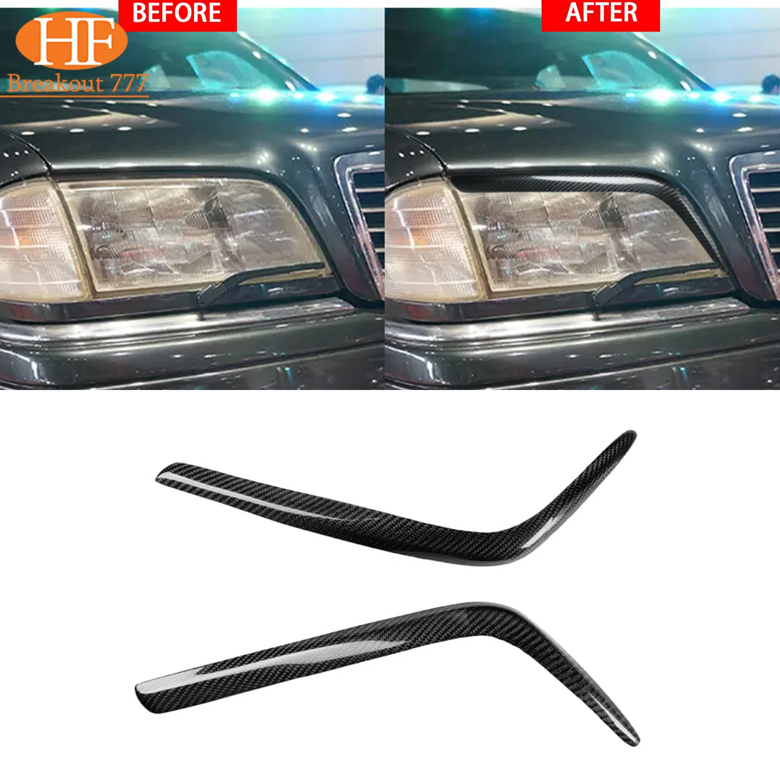 Real Carbon Fiber Headlight Eyebrow Eyelid Cover Trim for Benz C-Class W202 1994-2000