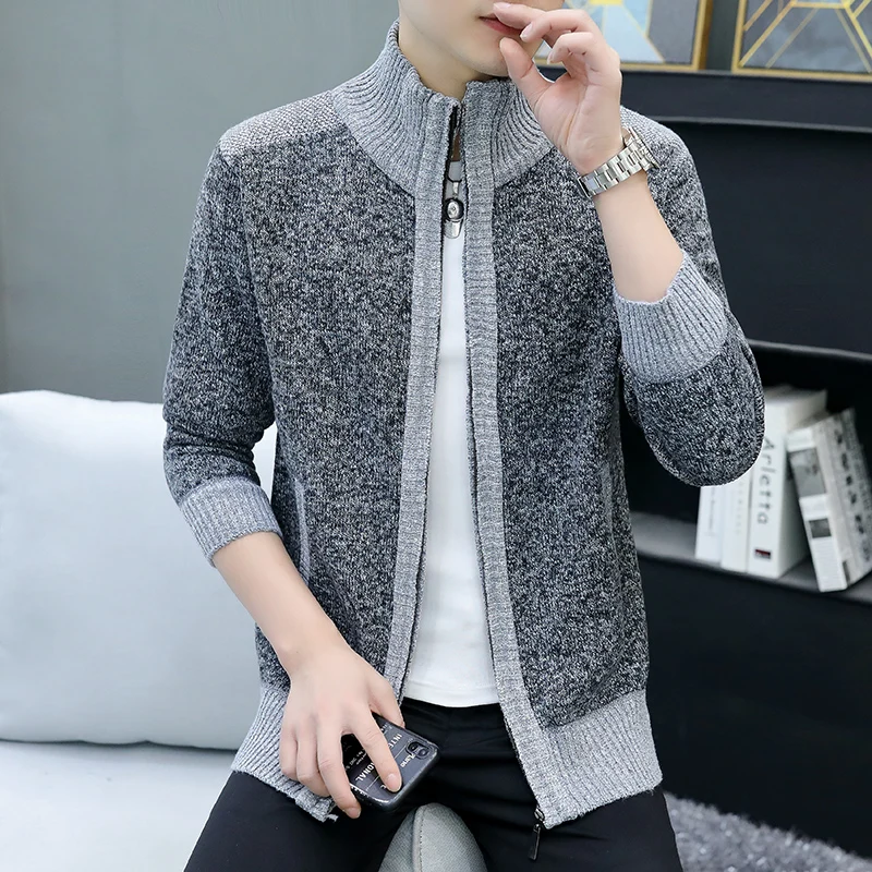 Cardigan de retalhos masculino com zíper, jaqueta de malha, casaco de suéter, retalhos, estilo coreano, outono, inverno, masculino, 8813