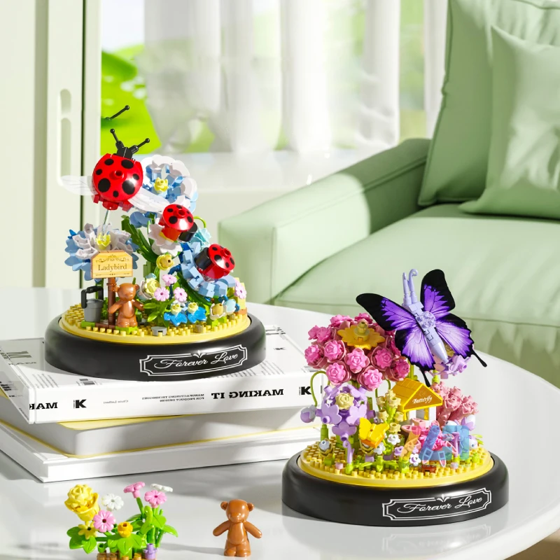 Bee Butterfly Dragonfly Flower Bonsai Building Blocks Insect Plant Potted Model Building Blocks with Dust Cover Children\'s DIY