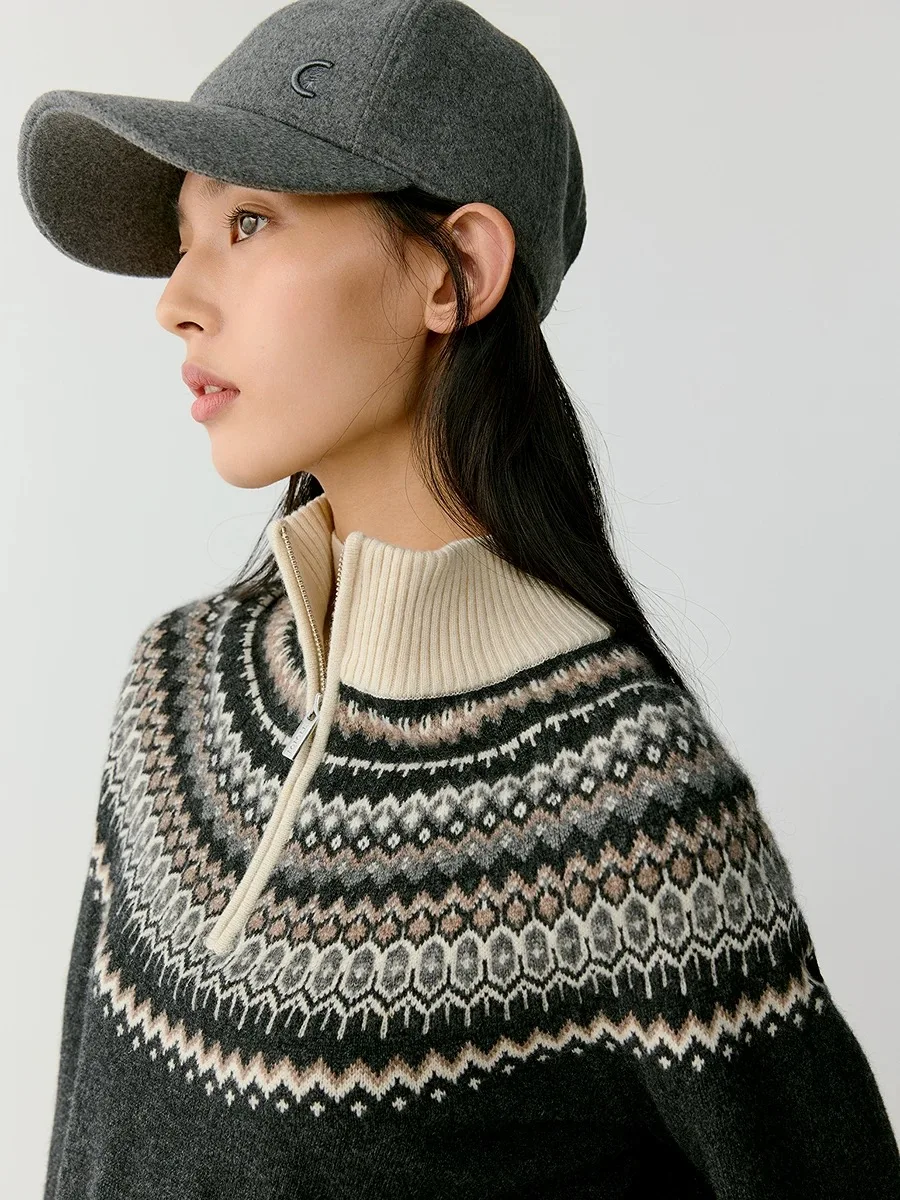 Women Merino Wool Sweater Half-high Collar Color Blocked Pullover Female Cashmere Half Zipper Knitwear Autumn Winter Casual Tops