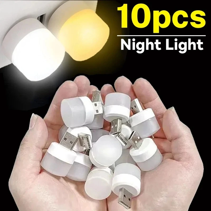 Mini luz nocturna USB blanca cálida, luz de lectura de libro de protección ocular, enchufe USB, computadora, carga de energía móvil, lámpara LED de