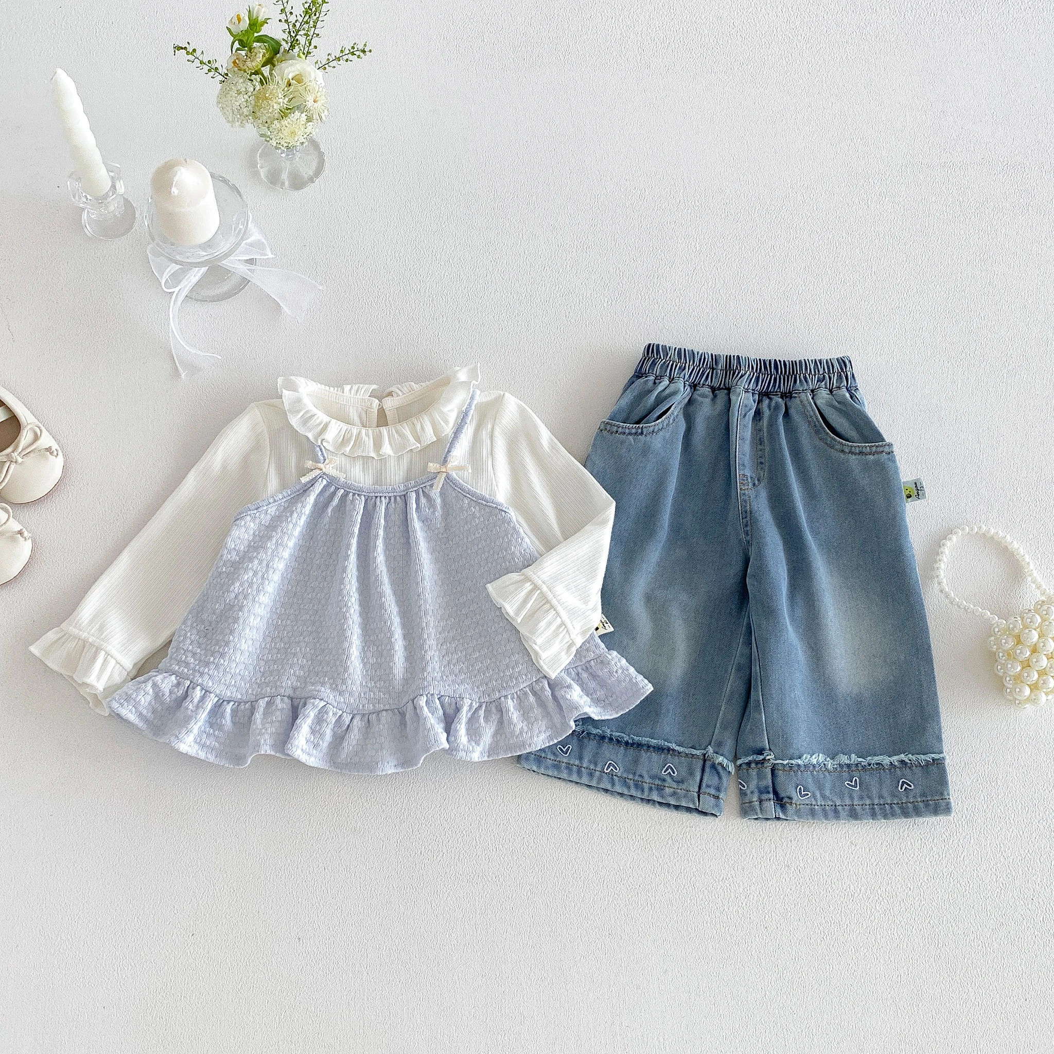Sweet Korean-style Autumn baby Set, Two-Piece Outfit with Onesie and Knitted Undershirt for Infants