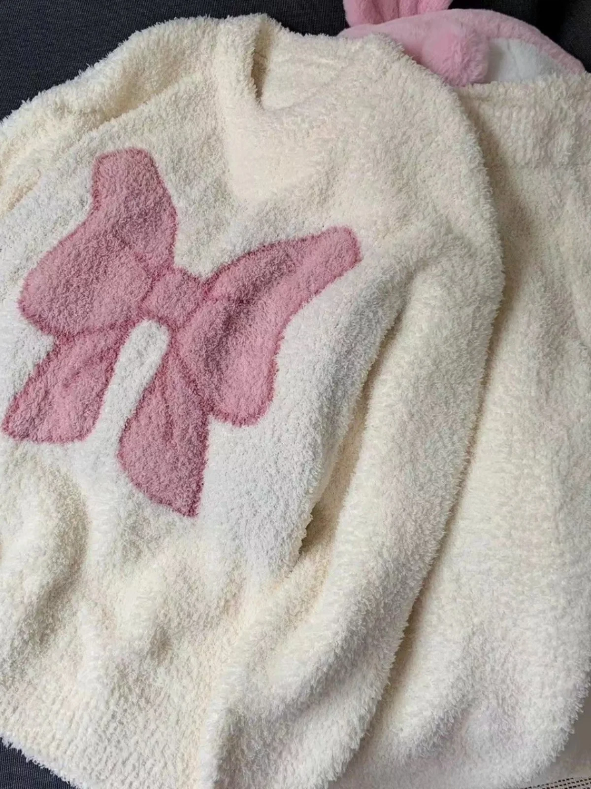 여성용 티엔드 플러피 스포츠웨어 세트, 매듭 장식 따뜻한 홈웨어 긴 소매 라운드 넥 파자마 세트