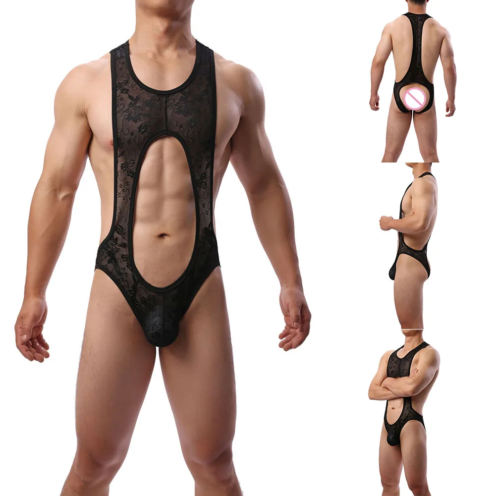 

Men Sexy Lace Jacquard Sheer Bodysuit Bulge Pouch Open Butt Nightwear Jumpsuits Hollowed Out U-shaped Pocket Underwear T-pants